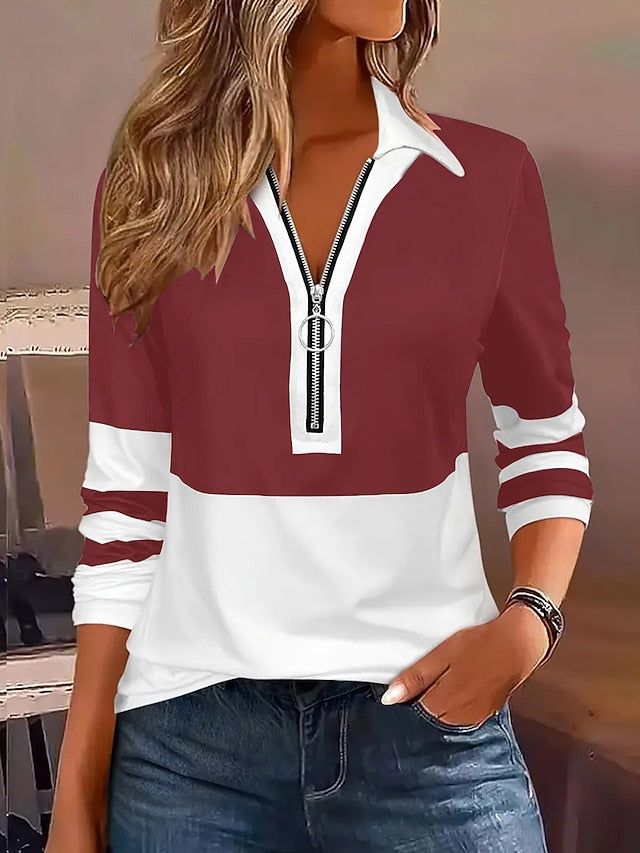 Women's Blouse Patchwork Zipper Geometric Stylish Casual