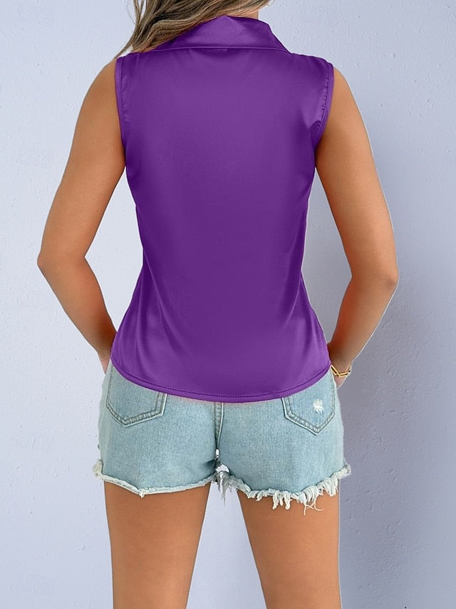 Women's Shirt Satin Shirt Blouse Sleeveless Shirt Buttons