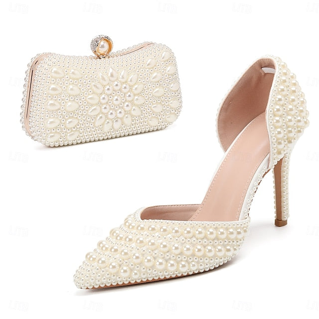 Heels Clutch Women's Set Bag Stiletto – and White Pearl