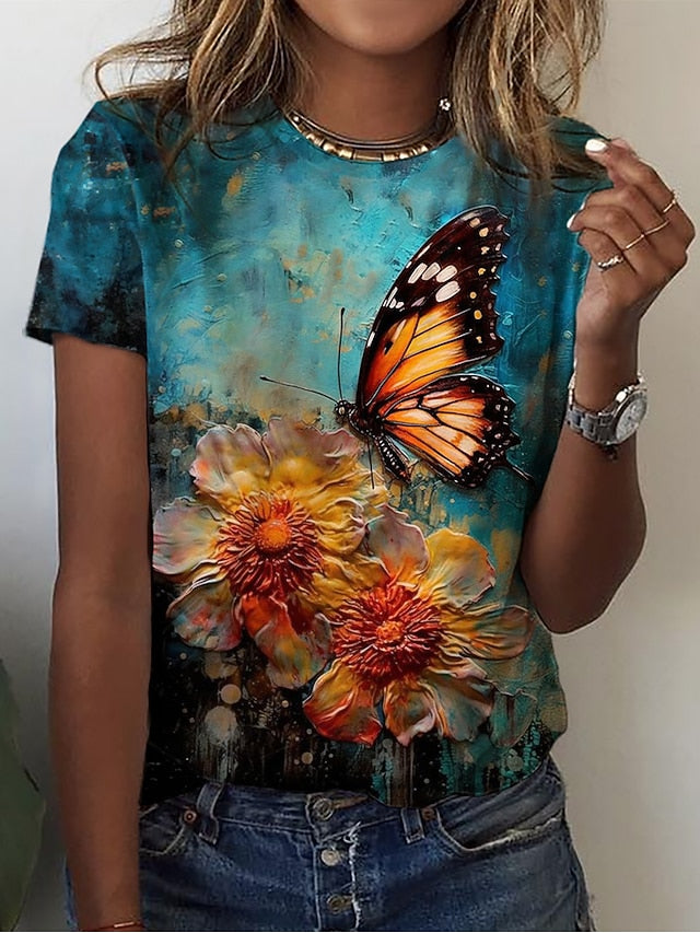 Women's T Shirt Basic Floral Butterfly Print Short Sleeve