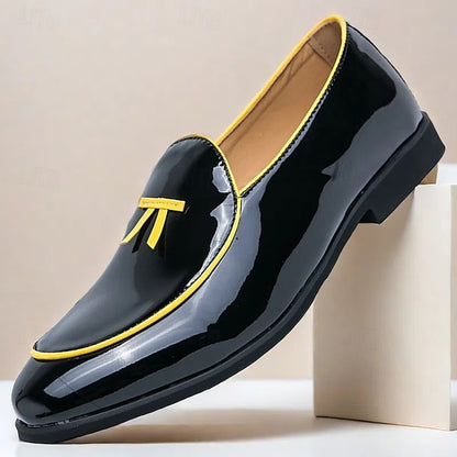 Patent Faux with Trim Loafers Yellow Men's Leather Black