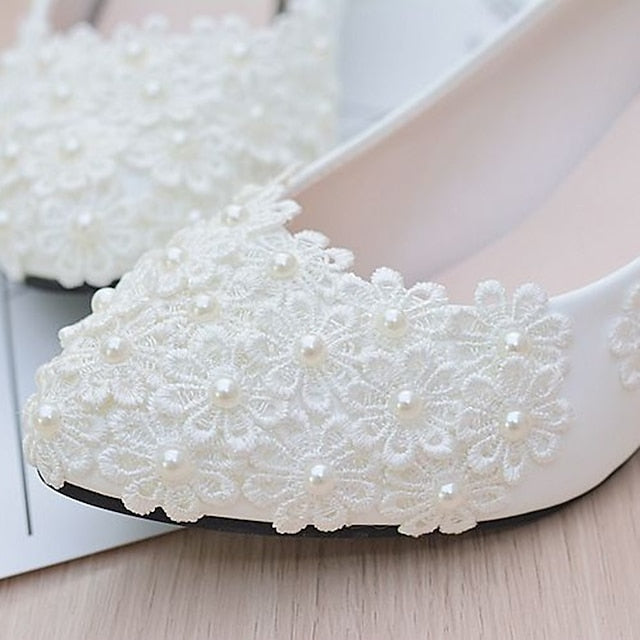 Heels Decorated Floral – White Wedding Pearl Women's Lace