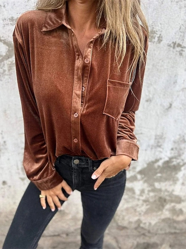 Women's Shirt Velvet Elegant Dressy Pocket Buttons Draped
