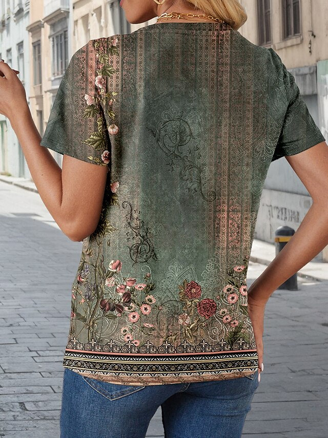 Women's T Shirt Print Vintage Casual Short Sleeve V Neck