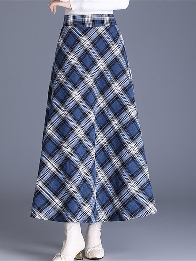 Women's Elegant Retro Vintage Maxi High Waist Skirts Plaid