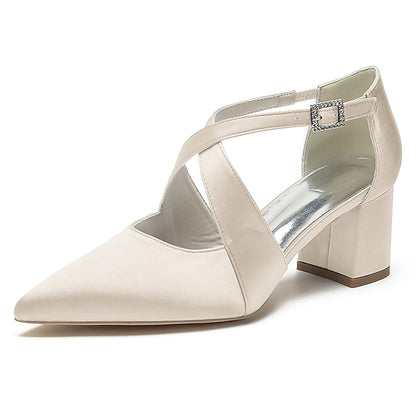 Satin Elegant Toe – White Women's Heels Block Pointed