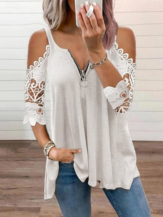 Women's Shirt Blouse Eyelet top Lace Tops Zipper Eyelet