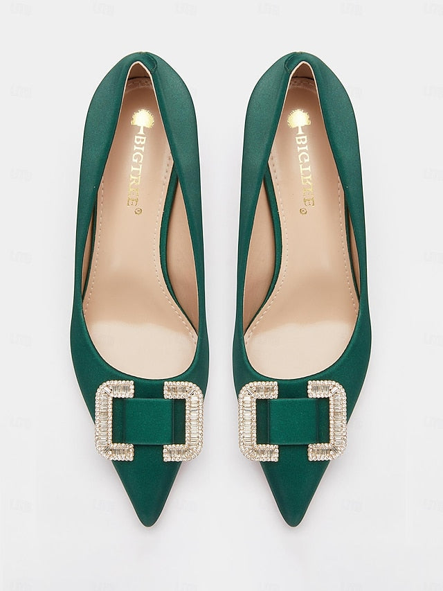 Satin Elegant for Rhinestone with Buckle Women: Green Pumps
