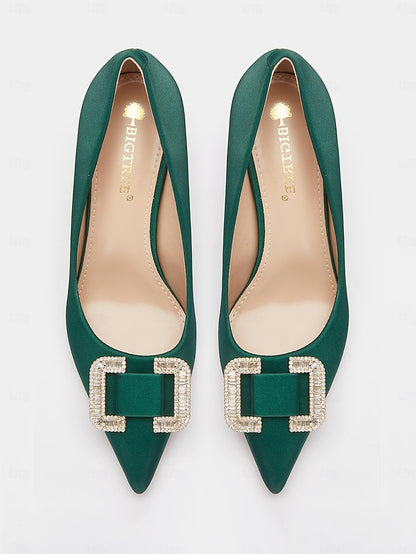 Satin Elegant for Rhinestone with Buckle Women: Green Pumps