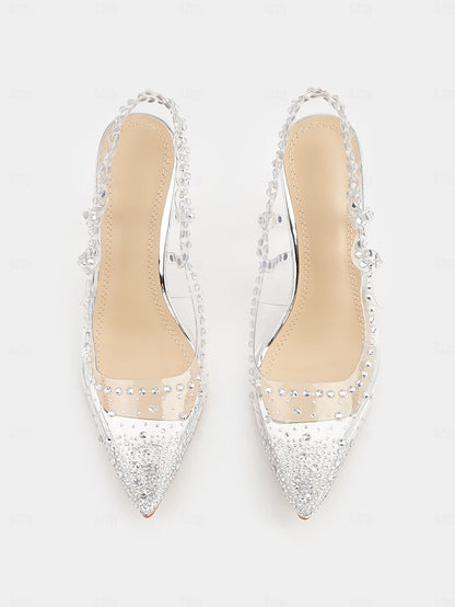 Women's with Rhinestone Clear Pointed Slingback Heels Toe