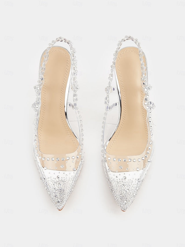 Heels Rhinestone Women's Pointed Toe Clear Slingback with