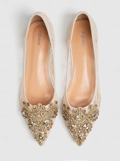 Elegant Beige with Ornate Flats Women's Lace Ballet