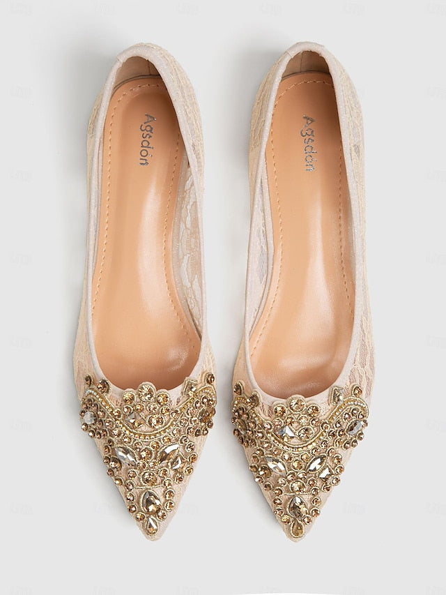 Women's Lace Ballet Elegant Flats with Ornate Beige
