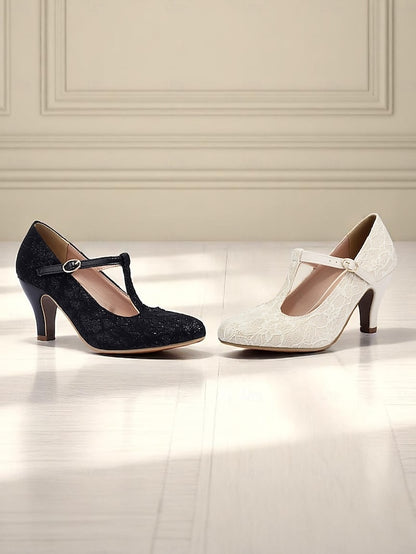 Women's Heel Lace T-Strap Ivory Mid Pumps-1920s Vintage