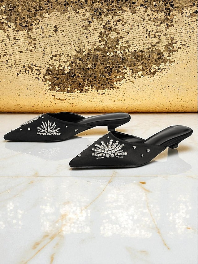 with Pointed Women's Satin Toe Rhinestone Black Mules
