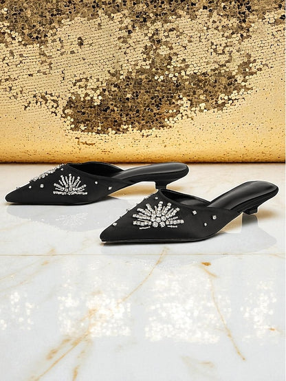 with Pointed Women's Satin Toe Rhinestone Black Mules