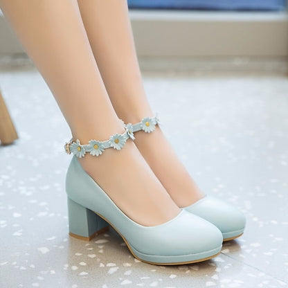 with Ankle Shoes Block White Daisy Flower Heel Girls'