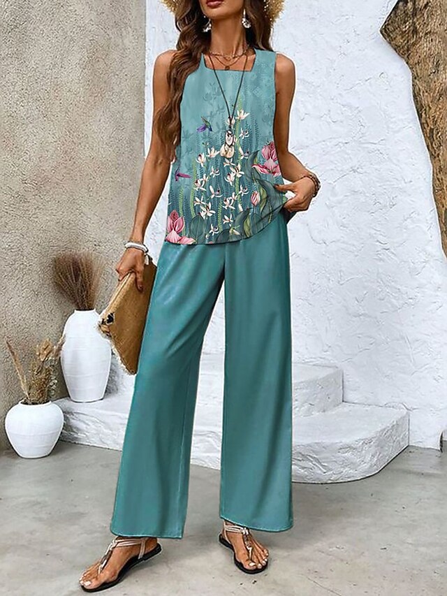 Women's Pants Sets Sleeveless Square Neck Floral Graphic