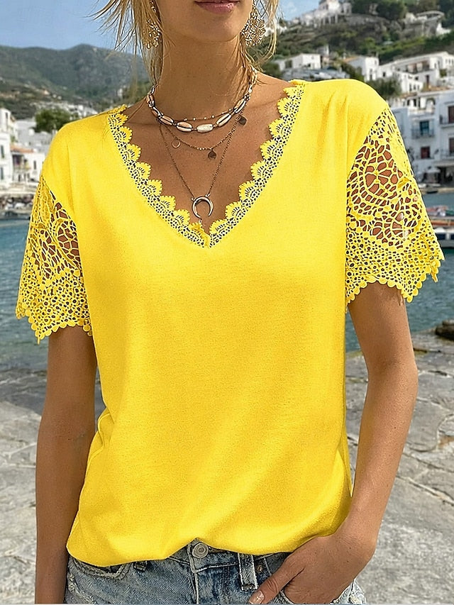 Women's T Shirt Lace T-shirt Tee Top Lace Plain Fashion