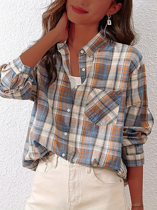 Women's Shirt Blouse Ruched Patchwork Pocket Plaid Plain