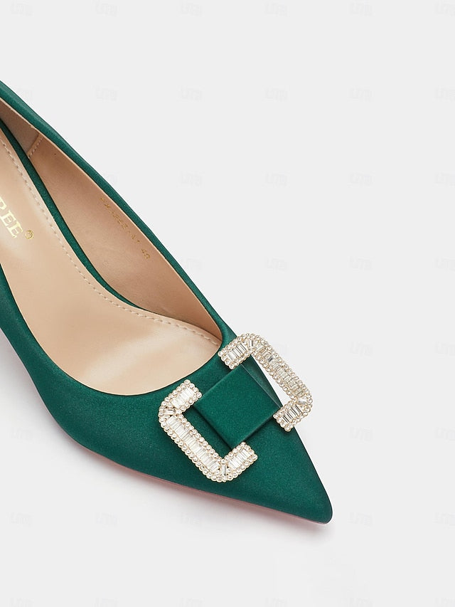 Rhinestone with Elegant Buckle Women: Green for Satin Pumps