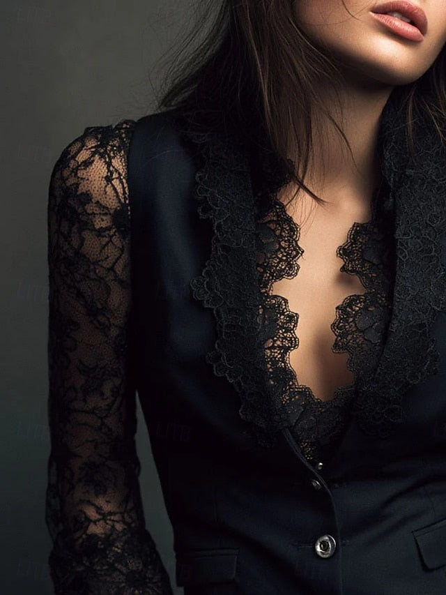 Women's Shirt Blouse Lace Tops Buttons Plain Elegant