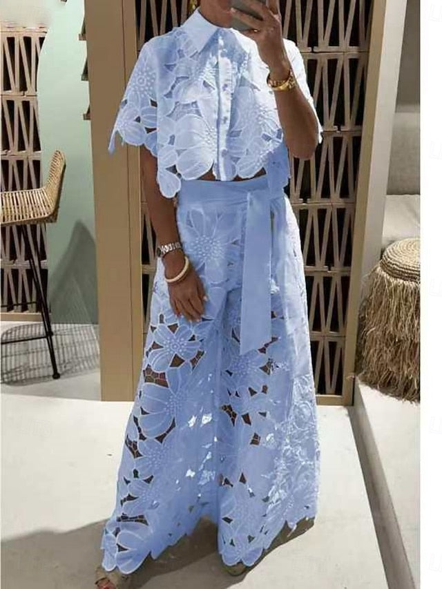 Women's Lace Shirt Wide Leg Pants Short Sleeve Shirt Collar