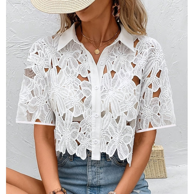 Women's Summer Shirt Casual Shirt Blouse Eyelet Cut Out