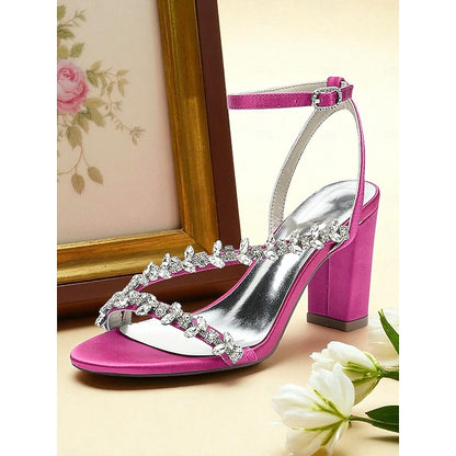 Rhinestone Women's Straps Block Heel - White Sandals with