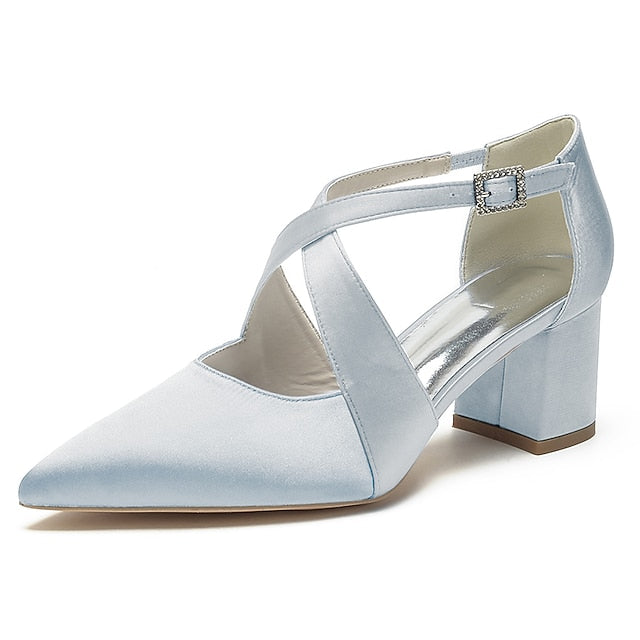 Satin Elegant Toe – White Women's Heels Block Pointed