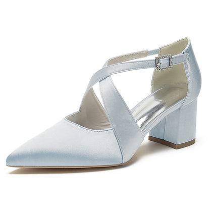 Satin Elegant Toe – White Women's Heels Block Pointed
