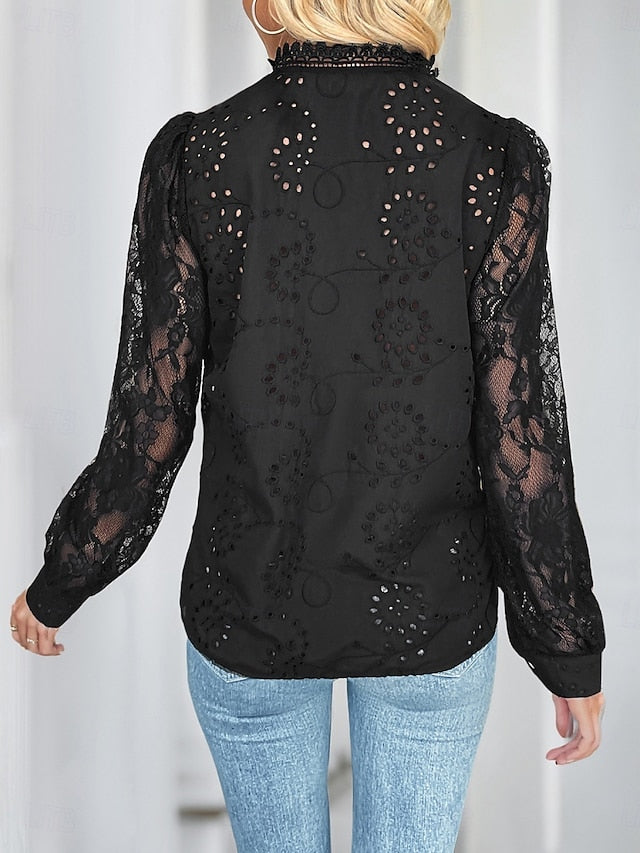 Women's Casual Shirt Button Up Shirt Blouse Lace Eyelet