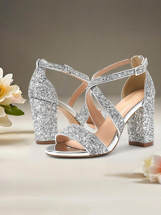 Gold Glitter Women's Heel Sandals Block