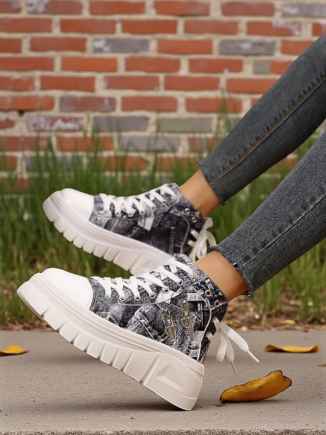 Women's Blue High Top Sneakers with Platform Sole and