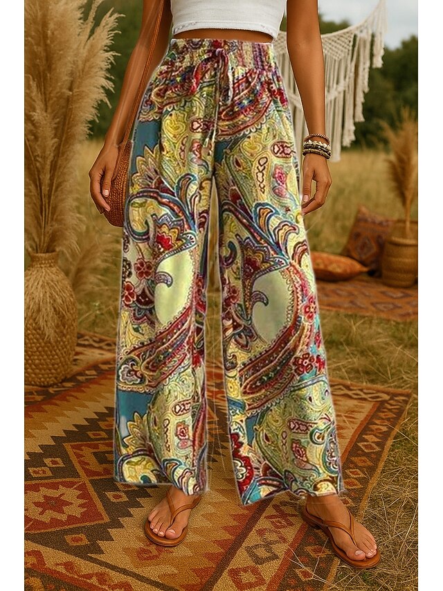 Women's Wide Leg Pants Trousers Bohemian Casual Long High