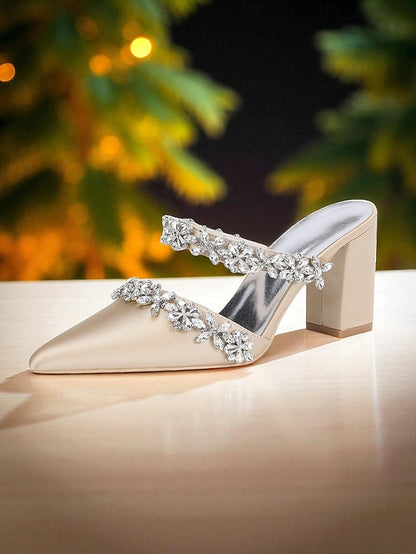 Black Satin Women's Rhinestone Mules Floral with Block Heel