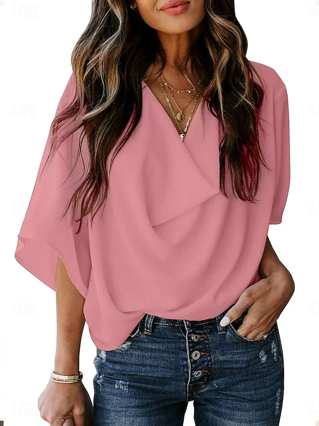 Women's Summer Tops Ruched Draped Solid Color Plain Daily