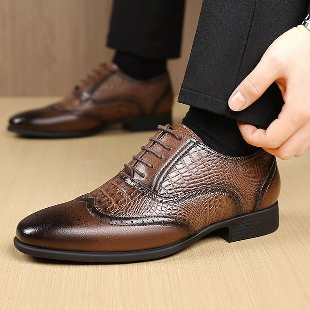 Shoes Pattern Faux Oxford – Brown Leather Men's Crocodile