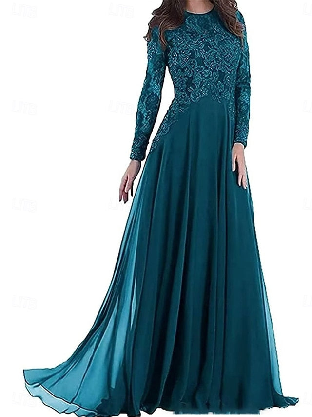 Neck Dress Crew A-Line of Floor Mother Party the Elegant Bride