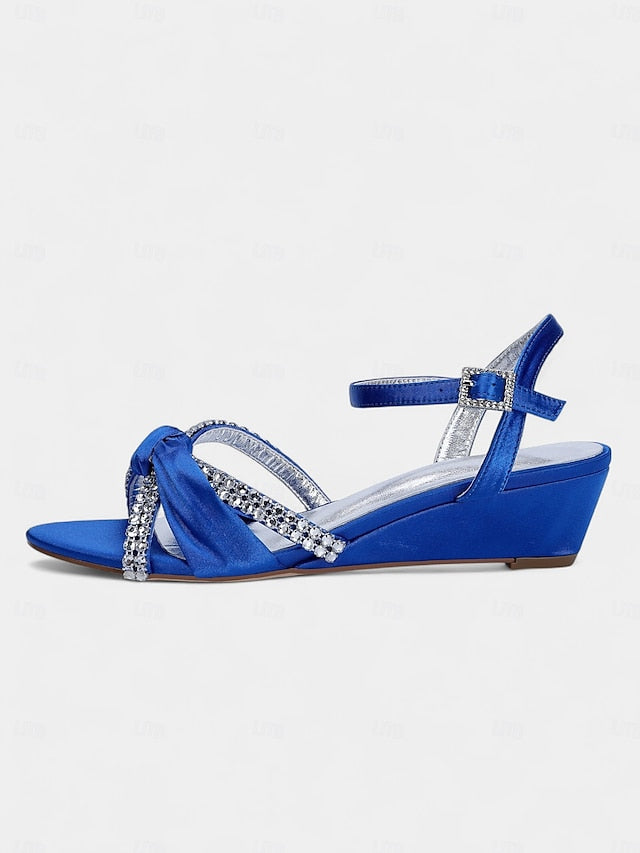 Satin Wedge Women's Sandals Knot Rhinestone Green