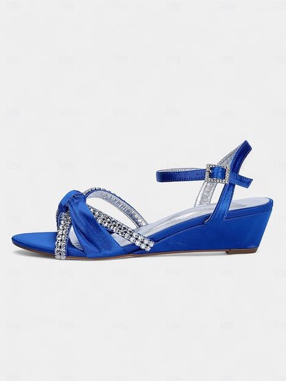 Satin Wedge Women's Sandals Knot Rhinestone Green