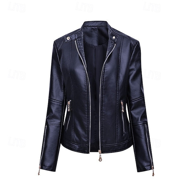 Comfortable Zipper Faux Women's Leather Jacket Pocket
