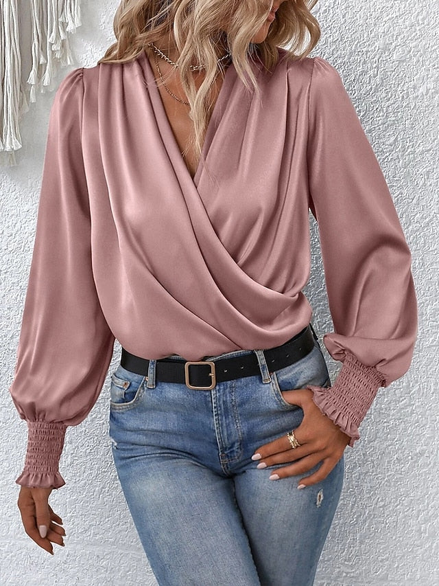 Women's Shirt Elegant Dressy Satin Top Ruched Solid Color