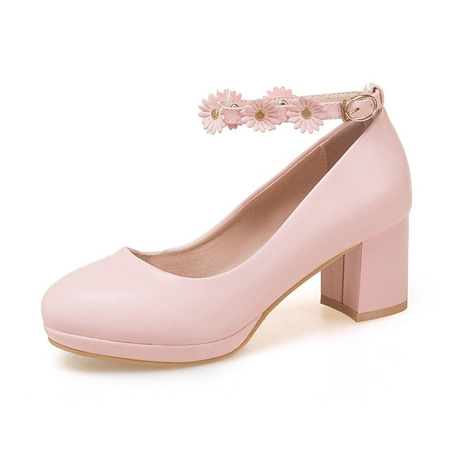 with Ankle Shoes Block White Daisy Flower Heel Girls'