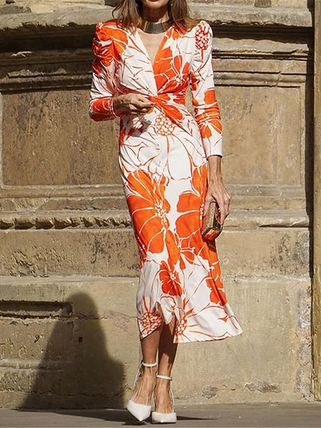 Women's Formal Dress Floral Print V Neck Midi Dress Stylish