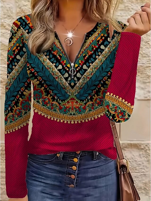 Women's T Shirt Zipper Print Graphic Tribal Fashion Casual