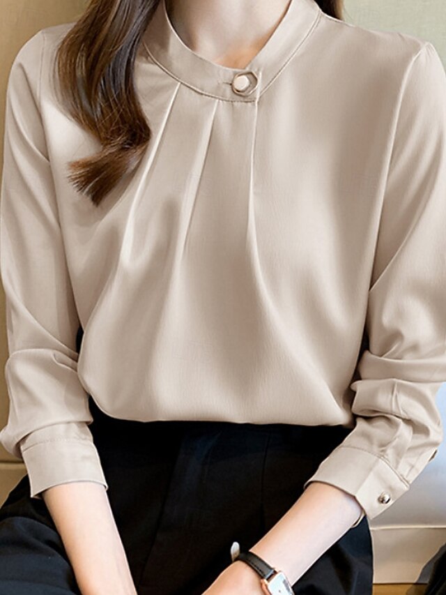 Women's Shirt Elegant Dressy Satin Top Ruched Buttons Plain