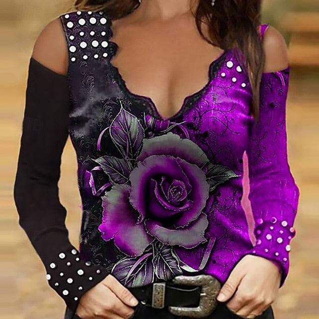 Women's Blouse Print Lace Trim Floral Graphic Vintage