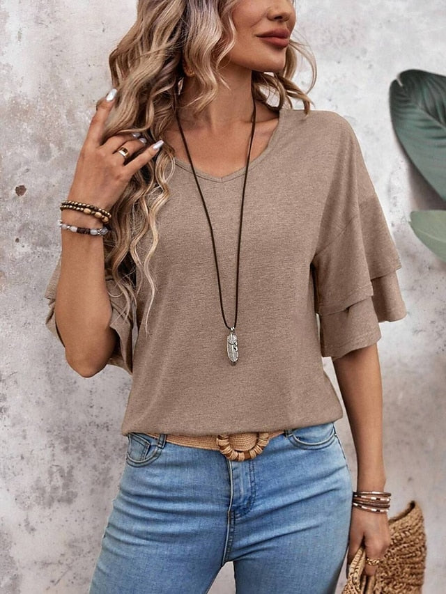 Women's T Shirt Tee Top Ruffle Plain Fashion Stylish