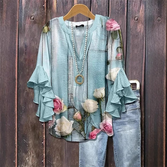 Floral Ruffle Modern T Top Women's Shirt Tee Print Fashion